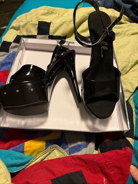 Ellie Black Patent Platform Sparkly Stiletto Sandals with Ankle Strap
